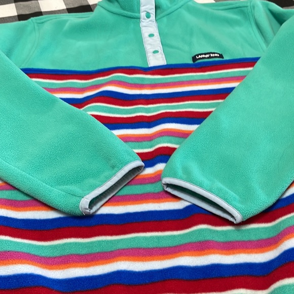 Lands' End Heritage Fleece T-Snap Stripes Pullover Jacket Size L/P 14-16 Pockets - Picture 9 of 13